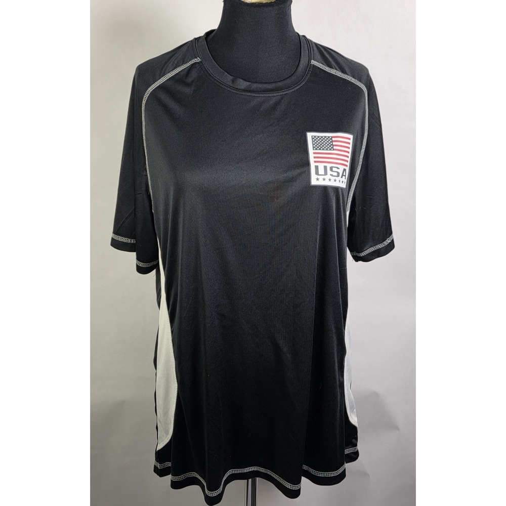 US Flag USA Mens XL BLACK/ WHITE Short Sleeve Activewear Shirt Polyester/Spandex